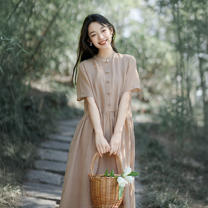 2025夏季新款女装天丝苎麻连衣裙新中式盘扣高腰复古长裙一件代发