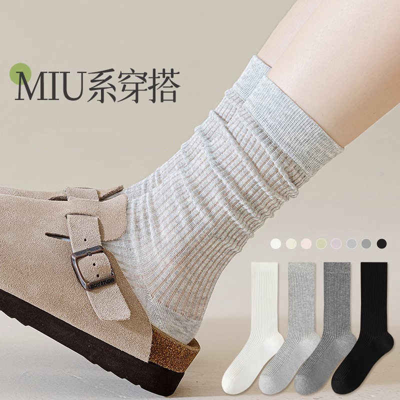 灰色堆堆袜子女夏季薄款中筒搭配老爹鞋棉袜miu系芭蕾风白色长袜