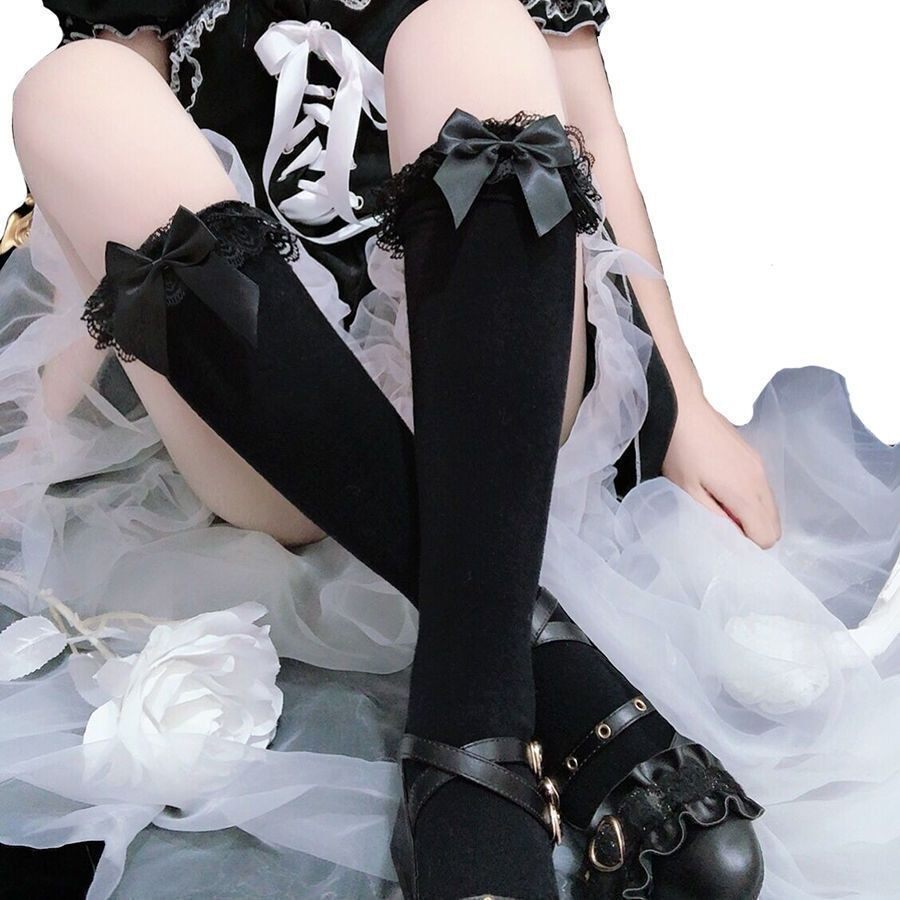 日系黑色蕾丝蝴蝶结半截中筒女袜Lolita花边学生百搭软妹jk小腿袜