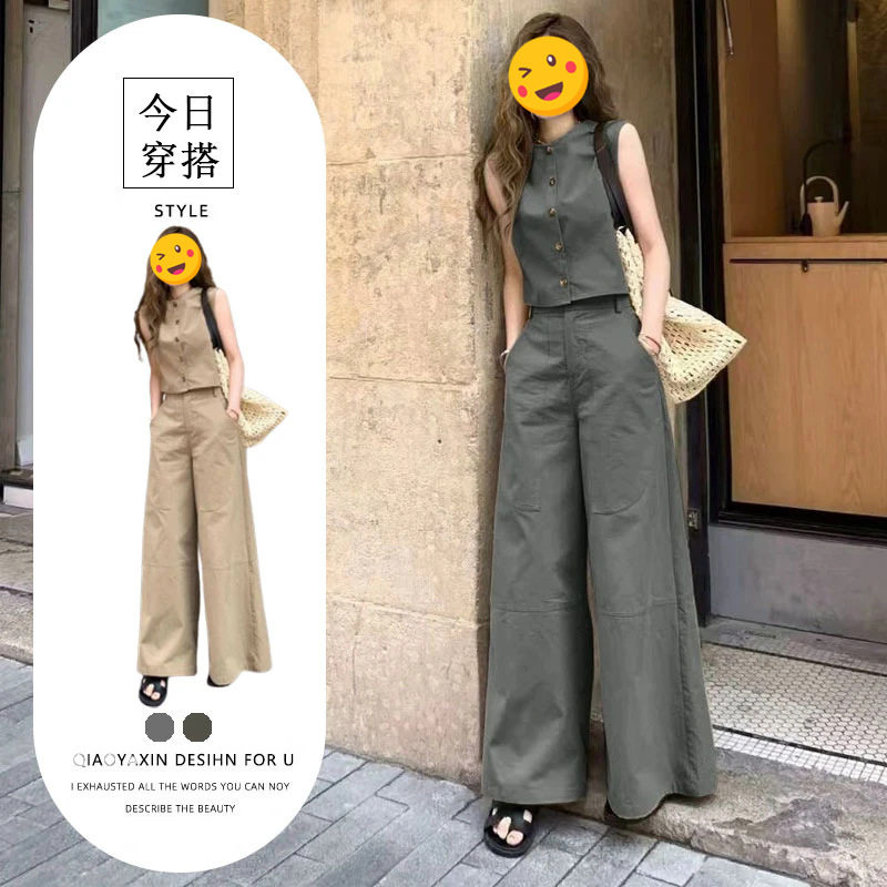 御姐轻熟风穿搭两件套装女夏季新款时尚纯色单排扣上衣高腰拖地裤