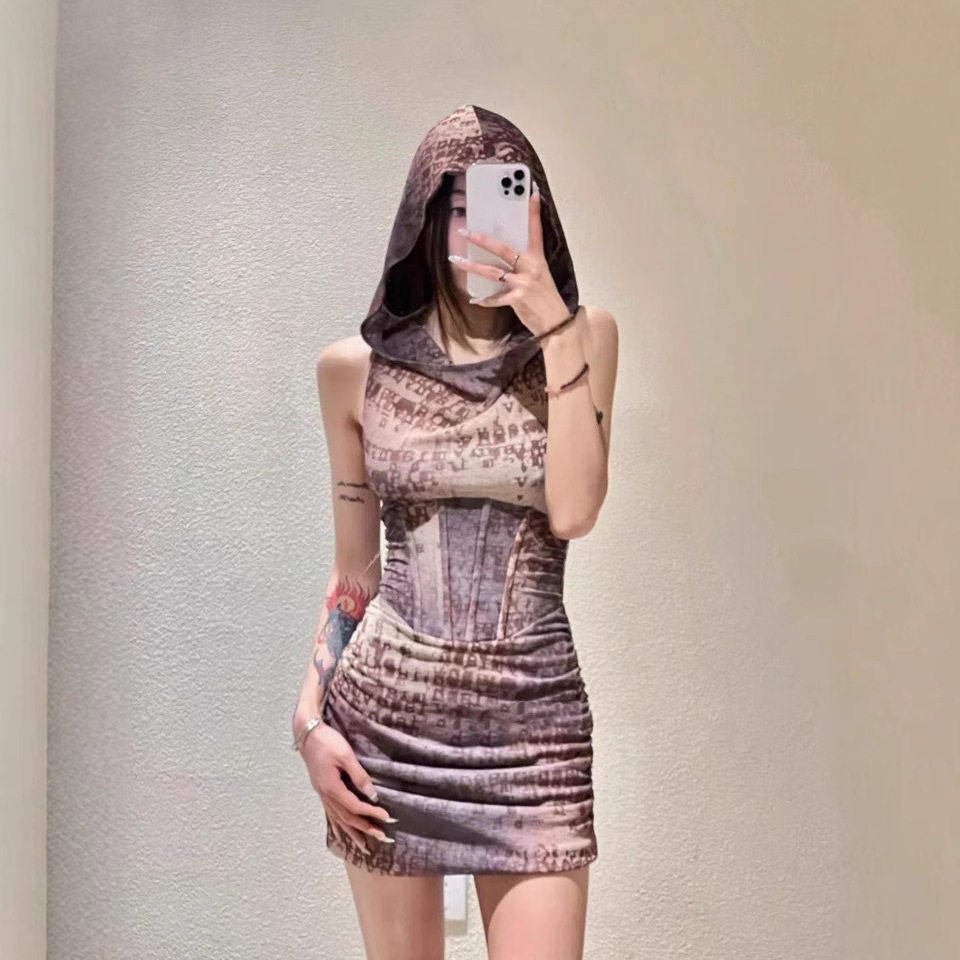 THE SHIEE 夏小众印花鱼骨收腰修身显瘦无袖连帽连衣裙性感辣妹女