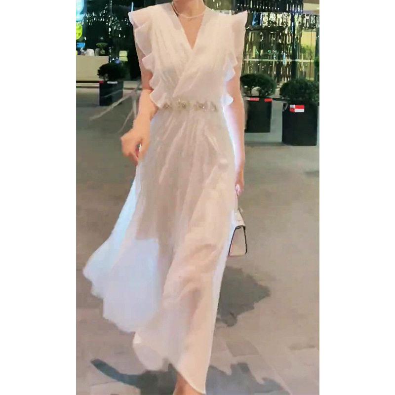 法式高级感温柔风仙女长裙初恋气质收腰荷叶边白色连衣裙子女夏季