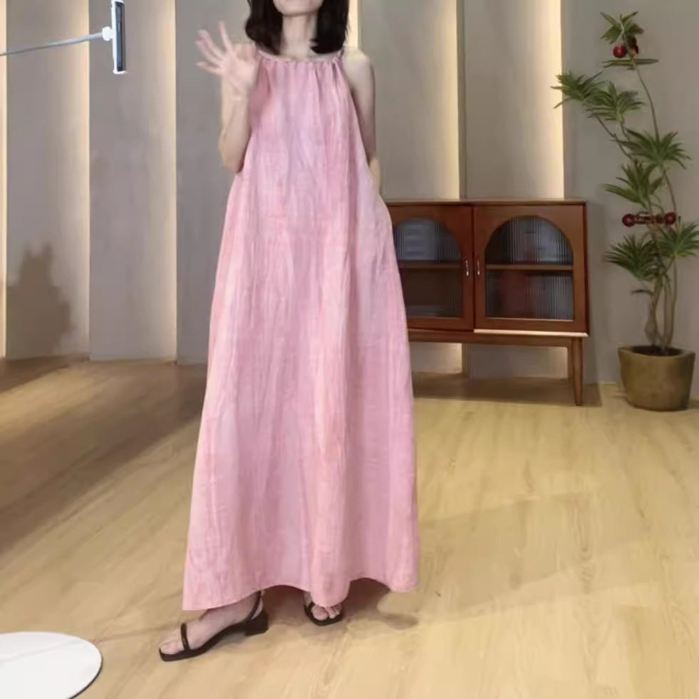 植物染亚麻吊带连衣裙女宽松显瘦大摆裙褶皱无袖削肩长裙