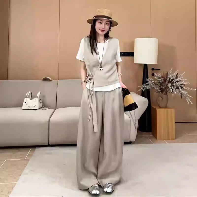 老钱风麻料马甲阔腿裤短袖T恤三件套女2026夏季新款时尚百搭套装