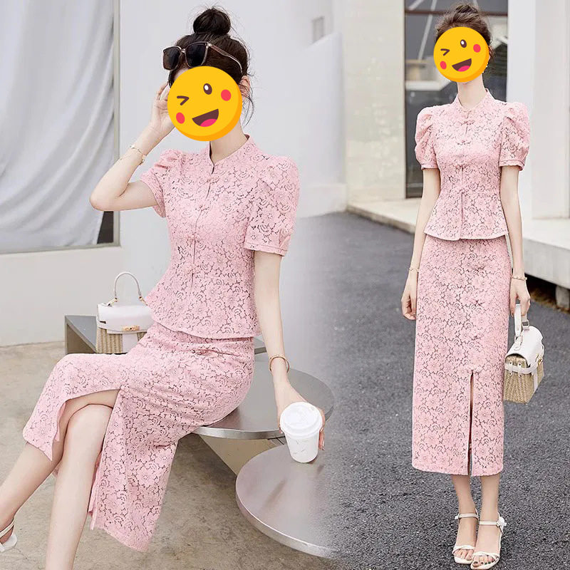 改良旗袍连衣裙女两件套2025夏季新款小个子新中式蕾丝包臀套装裙