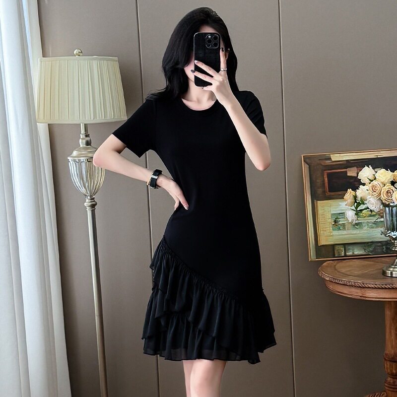 法式高级感圆领连衣裙女夏季新款时髦小个子减龄显瘦时尚T恤裙子