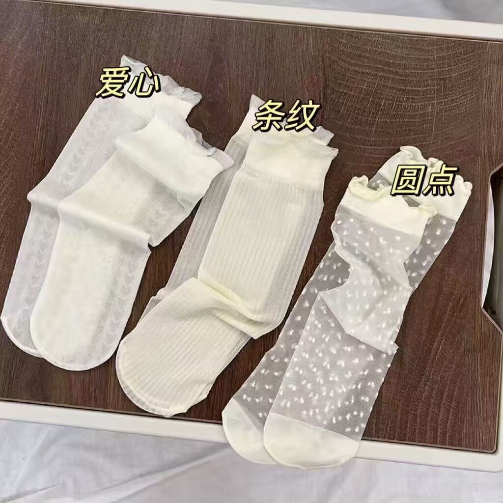 冰丝夏季女款袜子透明jk中筒冰丝薄款仙女袜百搭短款白色女堆堆袜