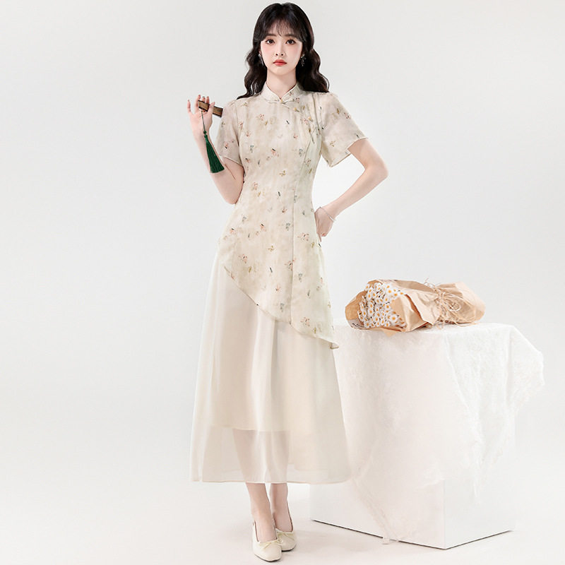 假两件汉服穿搭新中式国风连衣裙女夏古风轻奢气质改良旗袍白长裙