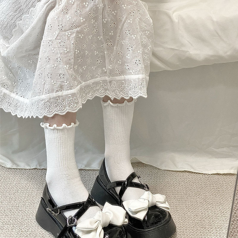 黑白色袜子女春夏基础款百搭jk中筒袜日系可爱女生木耳边堆堆袜潮