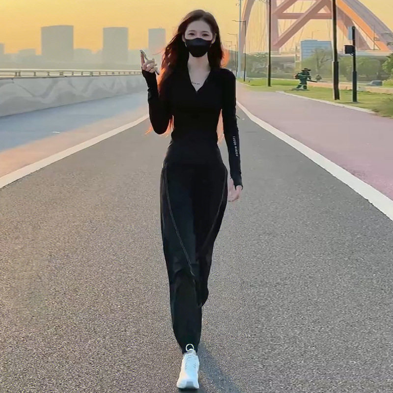 黑色运动服套装女夏季高级感时尚修身健身长裤健身休闲跑步两件套