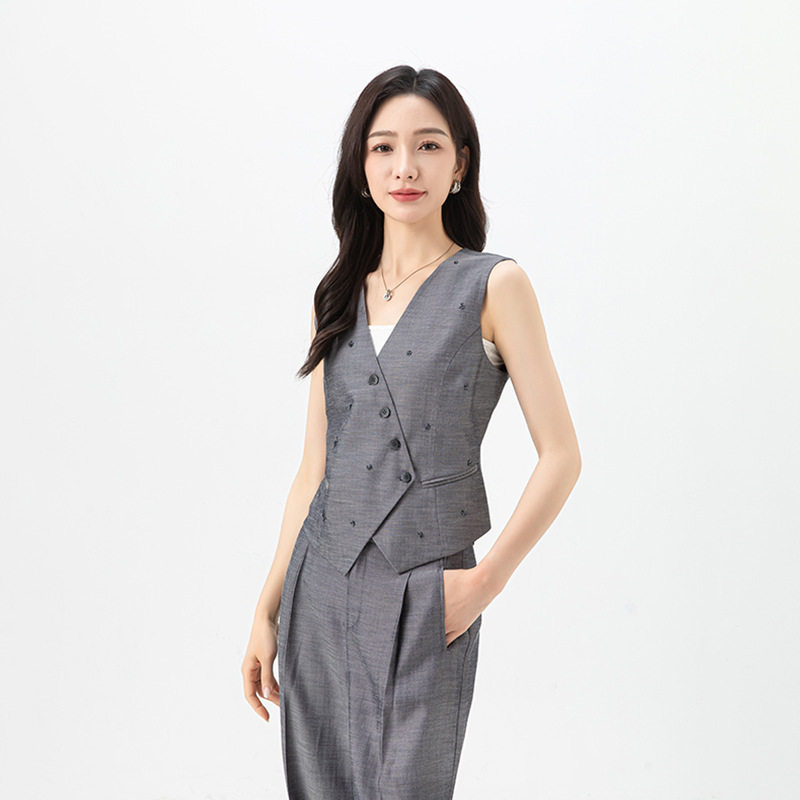 鑫阁马甲西装长裤套装女2025夏季新款天丝麻欧美休闲v领无袖女装