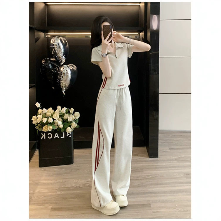 休闲运动风套装女夏季时尚显瘦减龄穿搭翻领品牌短袖阔腿裤两件套