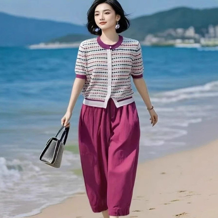 中老年套装女2025夏季显瘦法式条纹设计感针织开衫+哈伦裤两件套