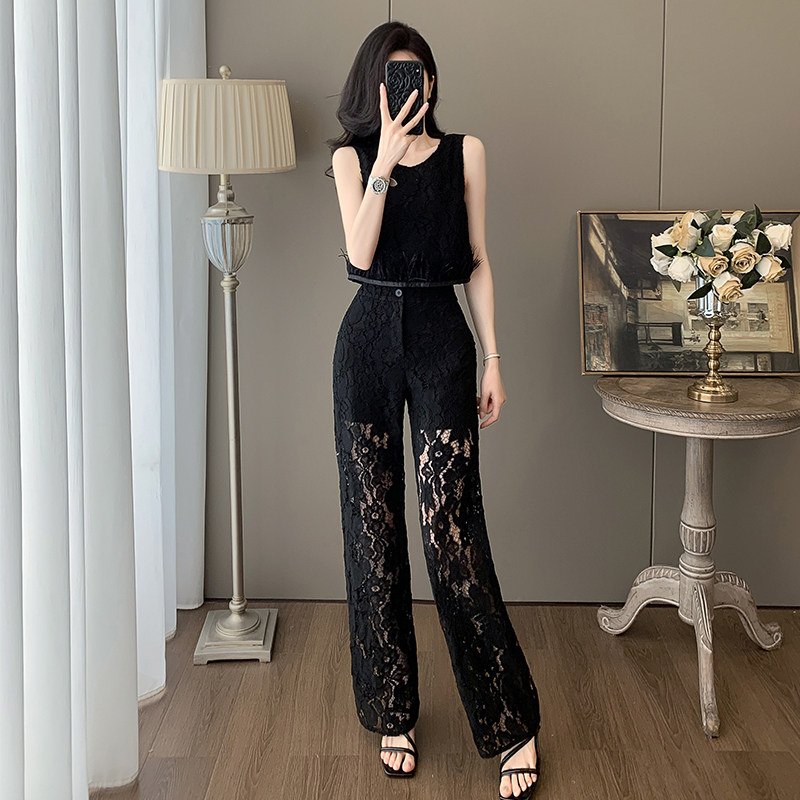 法式轻奢高端套装女2025夏季新款时尚显瘦气质阔腿裤两件套蕾丝女