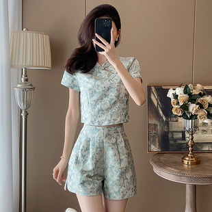 新中式国风短袖上衣套装女夏季新款时尚气质减龄阔腿短裤两件套潮