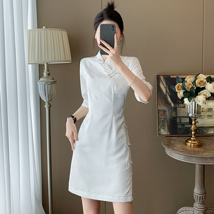 小个子旗袍连衣裙女2024秋装新款气质时尚新中式修身显瘦白色裙子