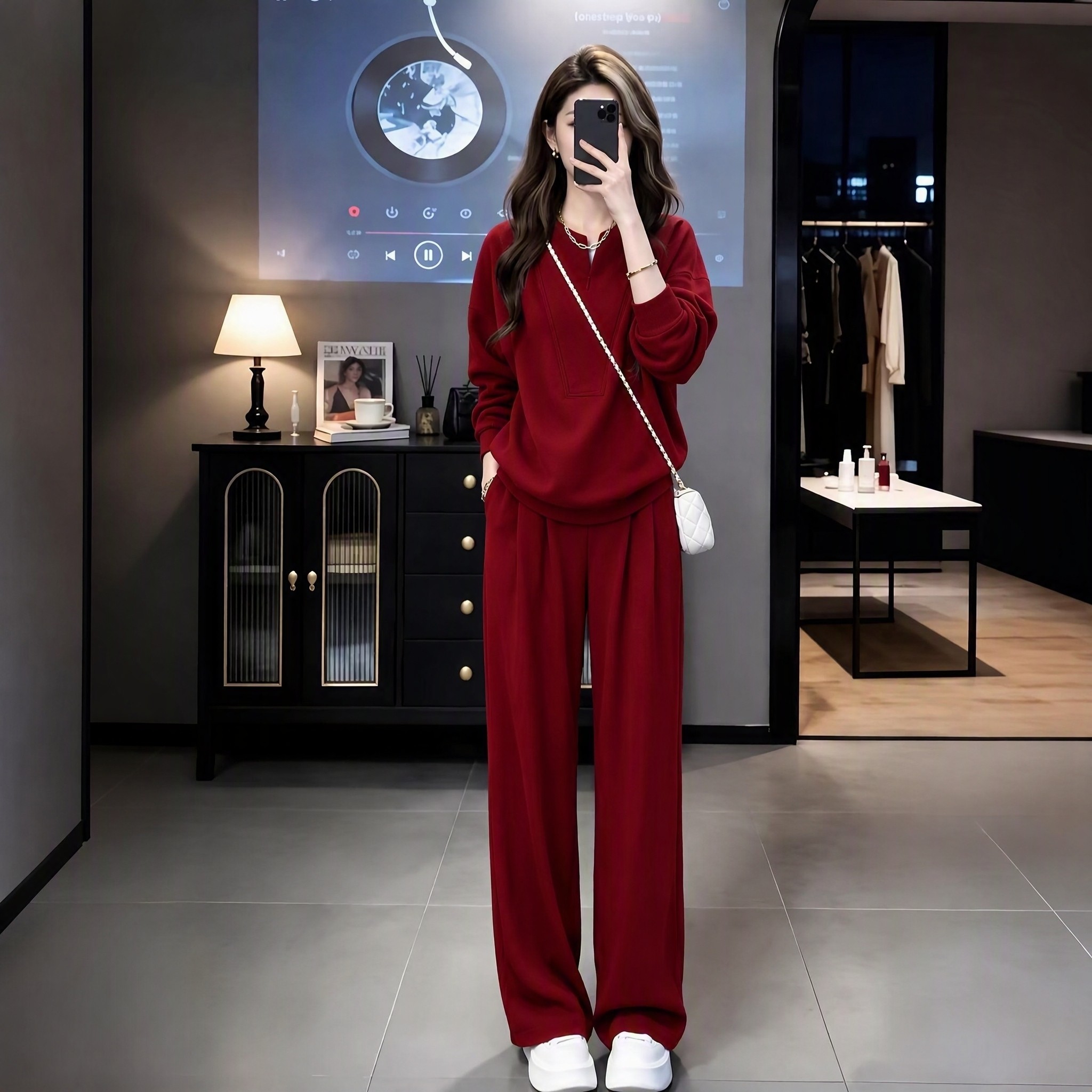 春秋女酒红宽松显瘦卫衣套装