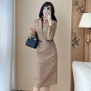 小香风亮片连衣裙女2025秋冬加厚高级感收腰中长款气质千金风裙子