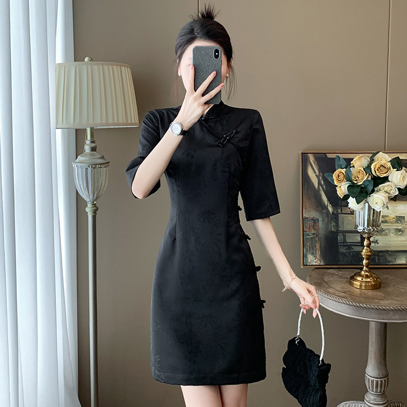 黑色新中式改良旗袍连衣裙2025春装新款女装气质显瘦正式场合裙子