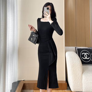 法式纯色连衣裙2023年秋冬季新款包臀气质显瘦高级感年会聚会裙子