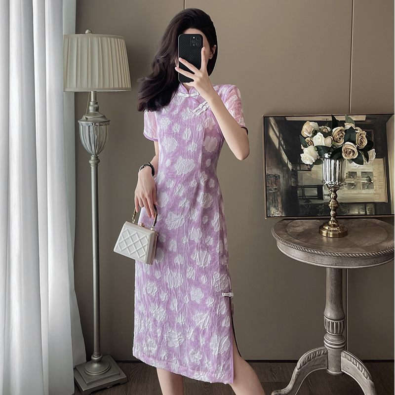 新中式清新淡雅气质改良紫色裙子