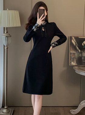 新中式国风黑色遮肚连衣裙女2025冬新款显瘦高端精致气质加绒裙子