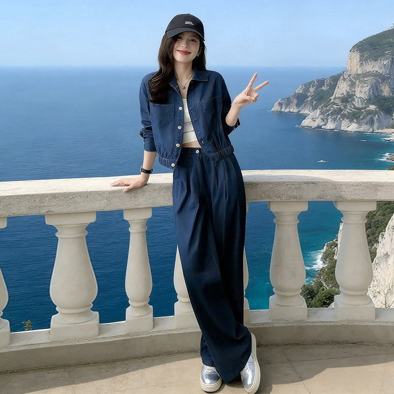 气质牛仔风套装女2026新春装阔腿裤一整套时尚减龄穿搭高级感休闲