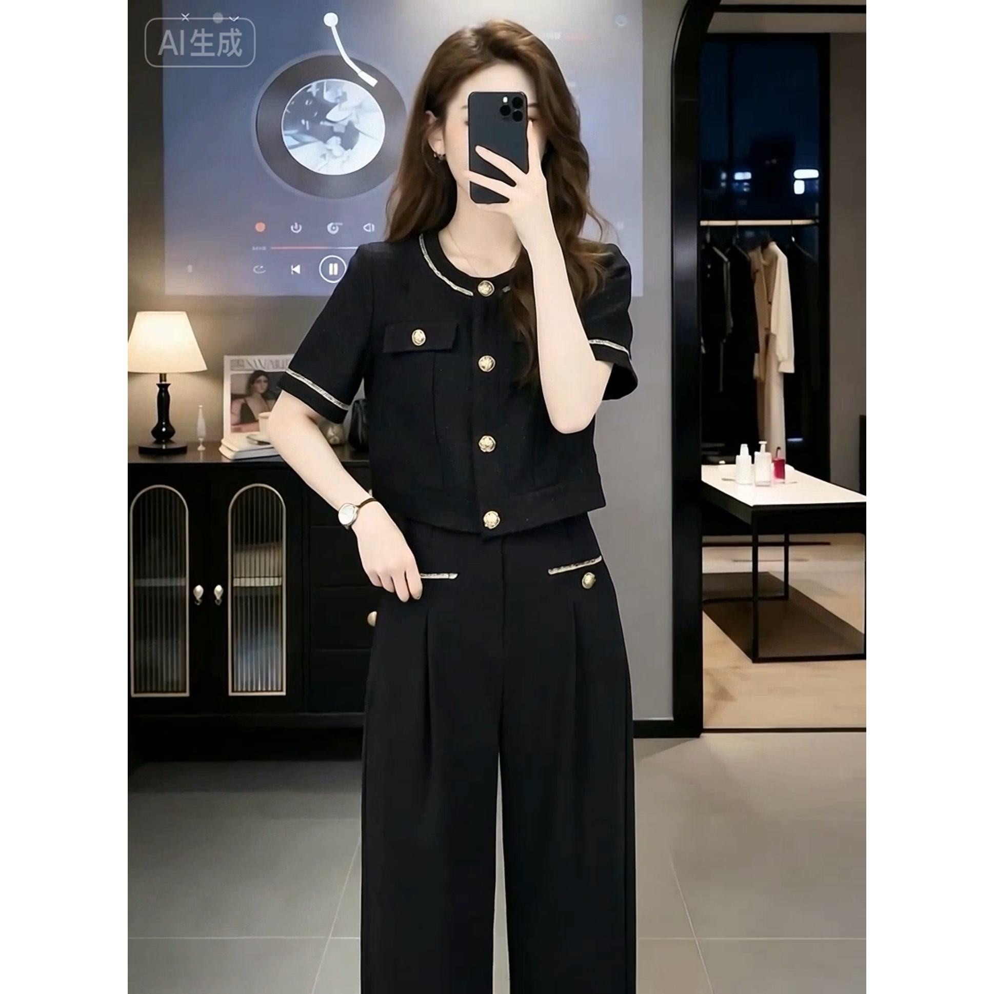 小香风黑色套装女夏季显瘦减龄短袖上衣阔腿裤两件套休闲薄款时髦