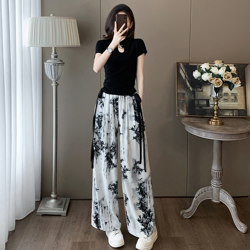 短袖运动休闲套装女夏时尚减龄网红炸街国风雪纺阔腿裤两件套洋气