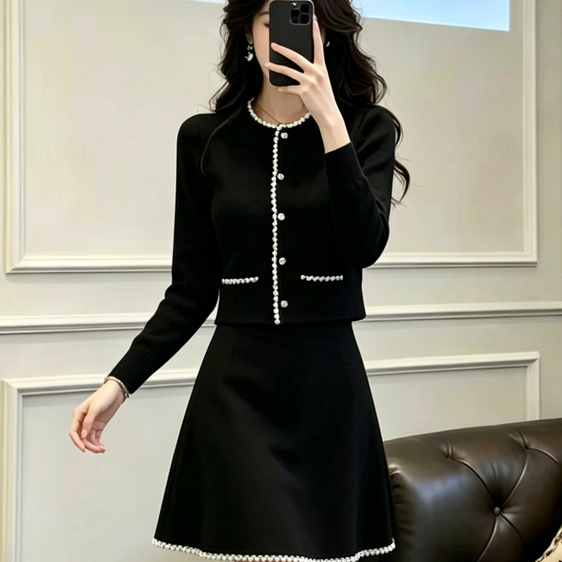 小香风珍珠扣针织开衫裙套装女