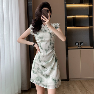 夏季新款气质显瘦小个子短款少女复古收腰修身中国风开叉连衣裙女