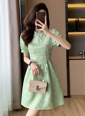 2025新款夏季女装连衣裙气质中国风新中式绿色时尚法式收腰旗袍裙