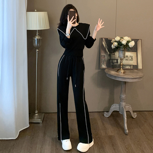 欧货黑色休闲运动套装女秋冬季加绒设计感娃娃领卫衣阔腿裤两件套