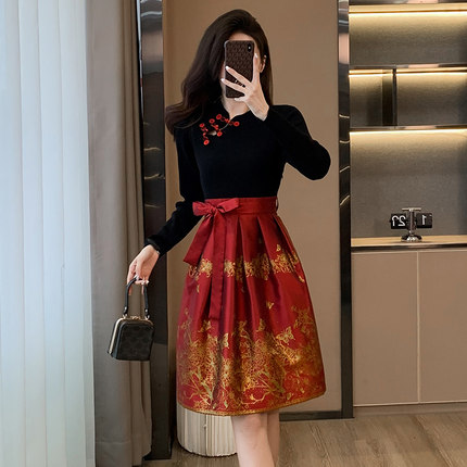 新中式改良旗袍针织连衣裙2026新款女初秋装国风提花毛衣裙子礼服