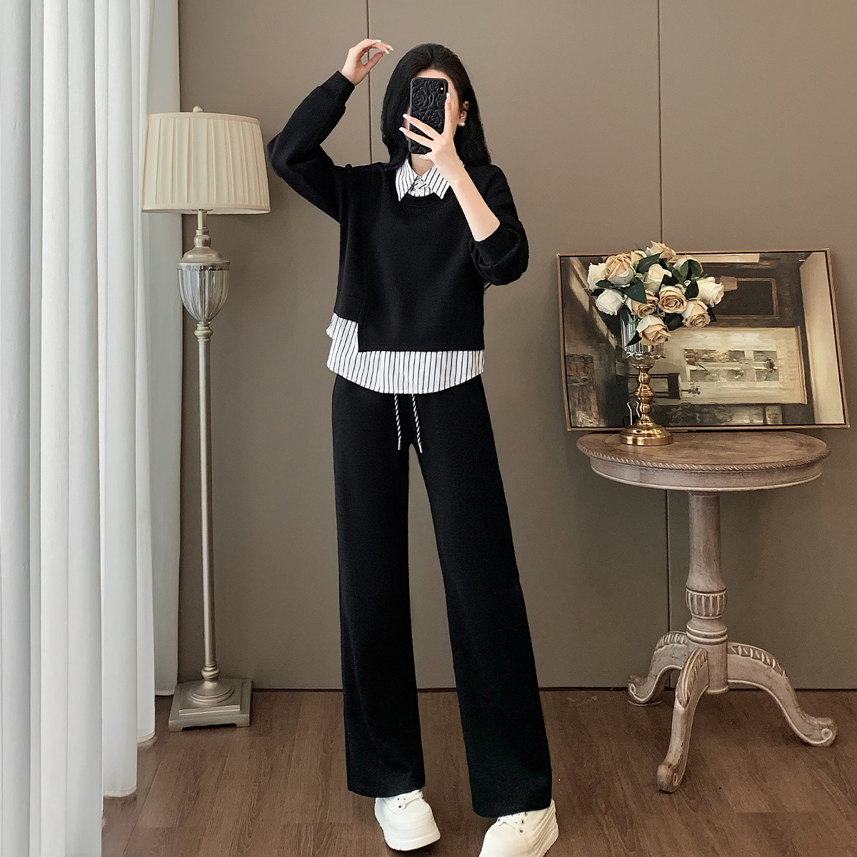 欧货高级感时尚休闲套装女春秋2025新款韩版假两件卫衣长裤两件套,女装/女士精品,时尚套装,淘宝优惠券,粉丝福利购,淘宝优惠卷