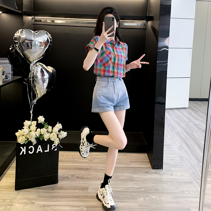 港风复古休闲时尚套装女夏季2025新款格子短袖衬衫牛仔短裤