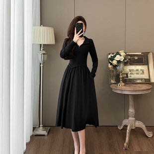 黑色连衣裙女秋冬显瘦减龄气质轻熟风收腰长裙高级感遮肚子打底裙