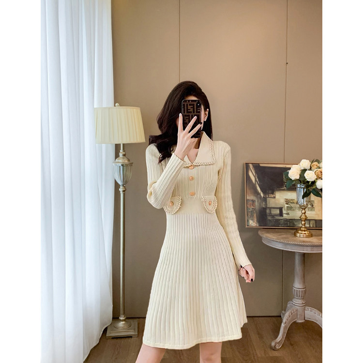 法式小香风长袖针织连衣裙女春秋冬收腰修身气质小个子打底毛衣裙