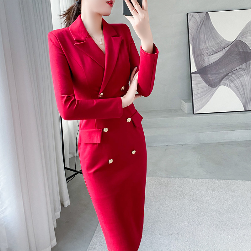 红色西装连衣裙女春秋装新款高级感气质女神范职业装高端包臀裙子