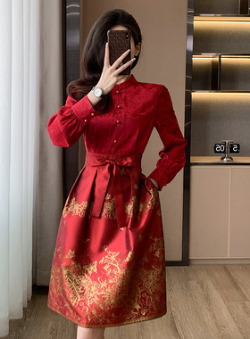 红色连衣裙2025年秋季新款女装高级感气质国风新中式刺绣马面裙子
