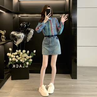 小个子条纹衬衫女长袖衬衣上衣复古蓝牛仔短裙遮肉a字半身裙套装