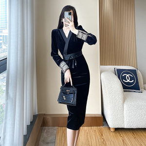 秋季2023新款女装收腰显瘦高端金丝绒礼服包臀裙气质连衣裙高级感