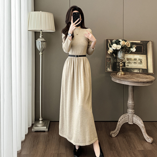 法式长袖针织连衣裙女高腰显瘦气质长裙时髦打底裙秋冬新款遮肚子