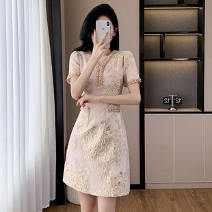 夏季气质显瘦小个子复古时尚法式收腰修身中国风提花女装连衣裙女