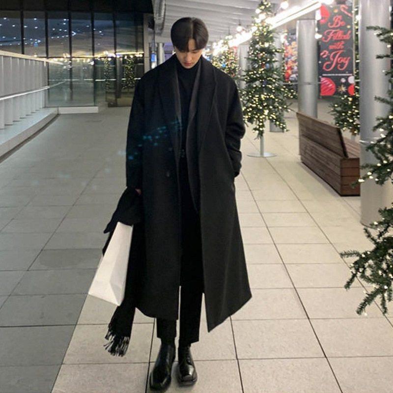 冬季新款顺毛呢子大衣男长款过膝韩版宽松帅气毛呢外套男英伦风衣,男装,风衣,淘宝优惠券,粉丝福利购,淘宝优惠卷