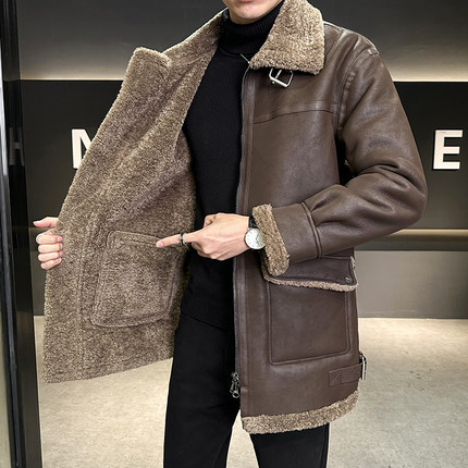 皮毛一体男士冬季大码加绒加厚皮衣短款机车服夹克男装羊羔毛外套