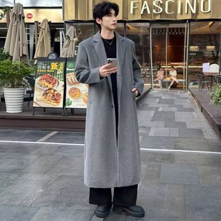 过膝毛呢大衣男秋冬超长款 高级感英伦风呢子风衣男中长款 加棉外套