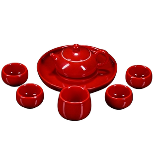 古垚/陈清宜手工中国红茶具套装郎红茶具套组婚庆礼品用瓷红色瓷