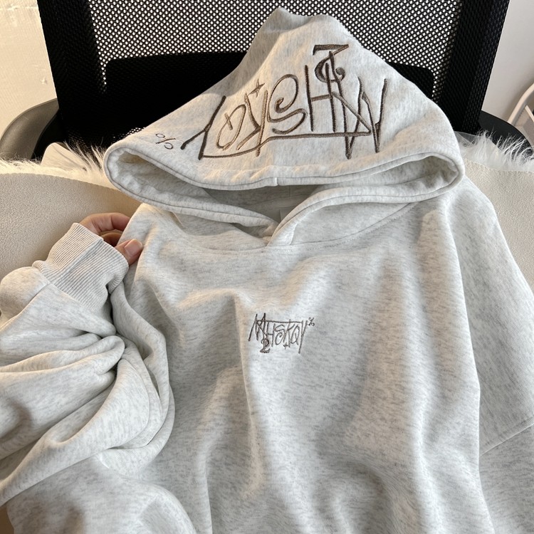 重工字母刺绣连帽卫衣男重磅加绒美式秋冬男女生运动休闲宽松上衣