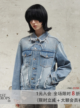 11St Crops “间蓝”毛边解构渐变水洗泛黄做旧复古牛仔夹克外套